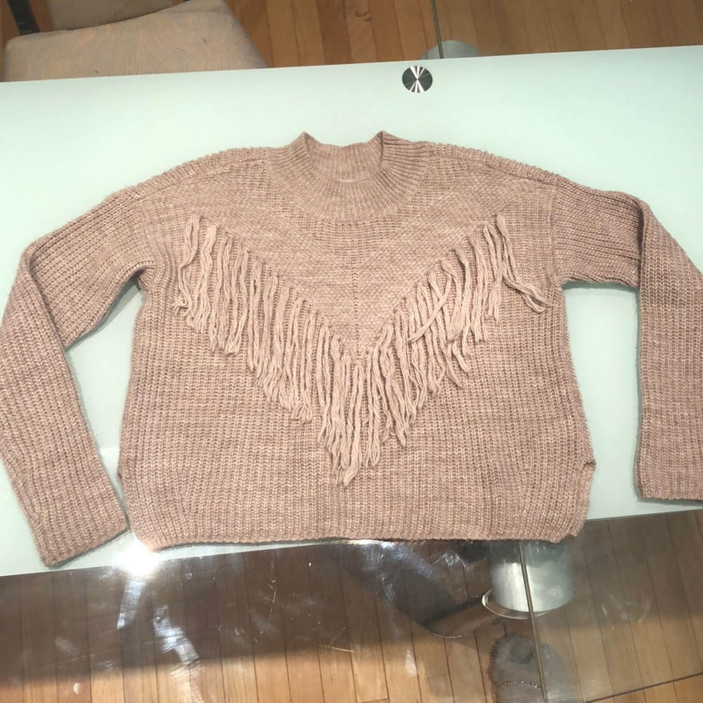 Me to We Tan Fringe Knit Sweater